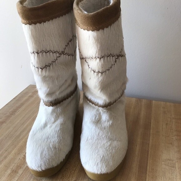 TECNICA Fur Boots White Winter After Apres Ski Snow Italy Pony Hair - Picture 3 of 11